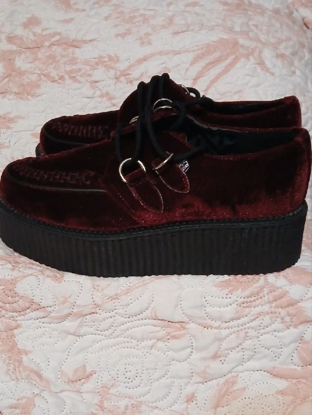 tuk Burgundy Velvet Platform Creeper Shoes